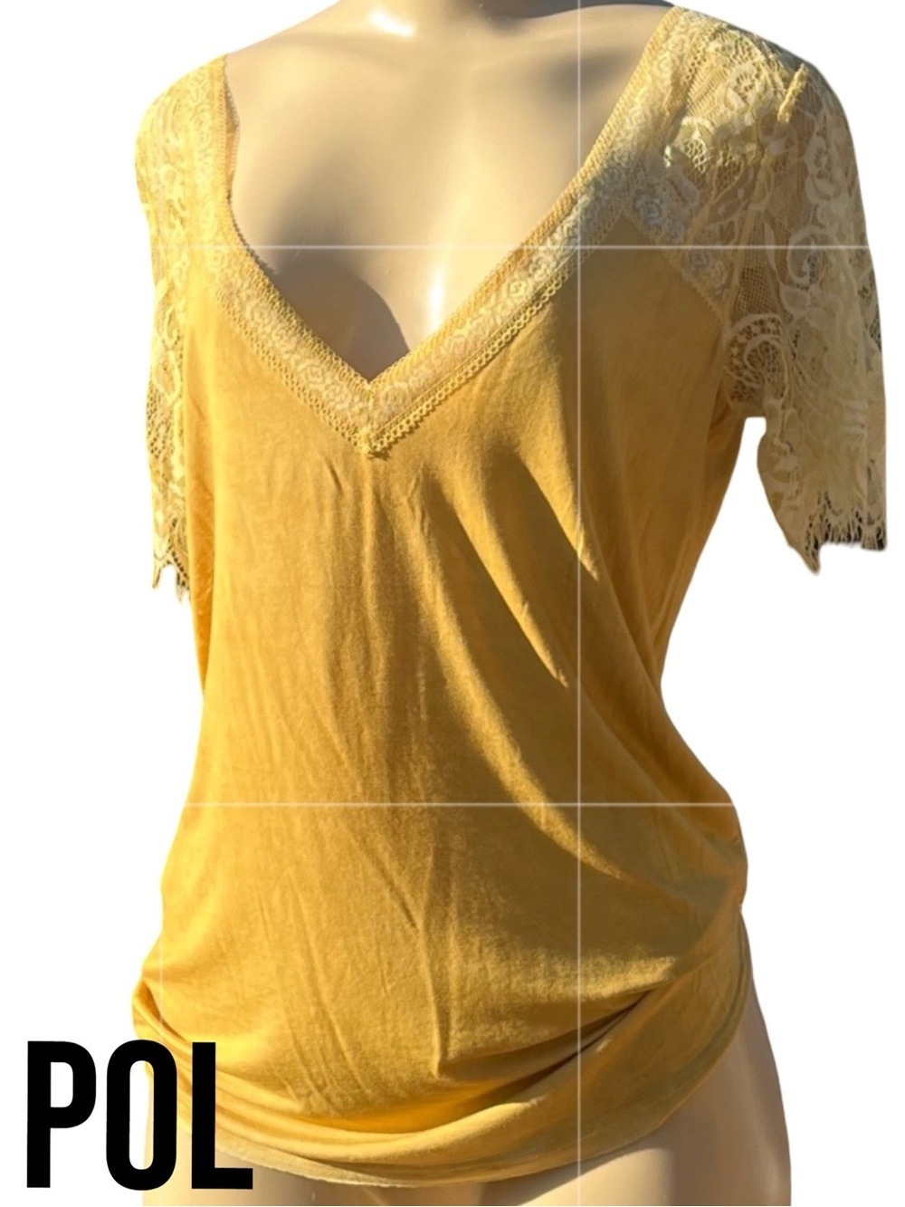 NWOT POL Washed Lace Sleeve Tee Boho Slouchy Top Gold Small